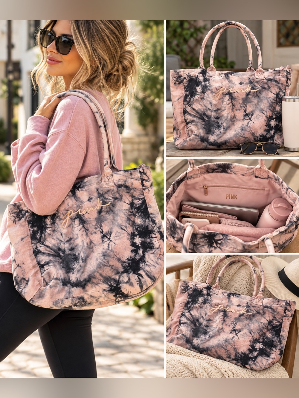 Pink by Victoria Secret Tie-Dye Pink and Black Canvas Tote Bag